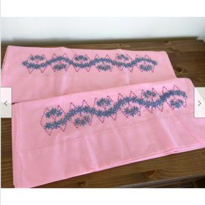 Pink Hand Embroidered Pillowcases with Blue Flower Design Set of 2 Vintage 19x30